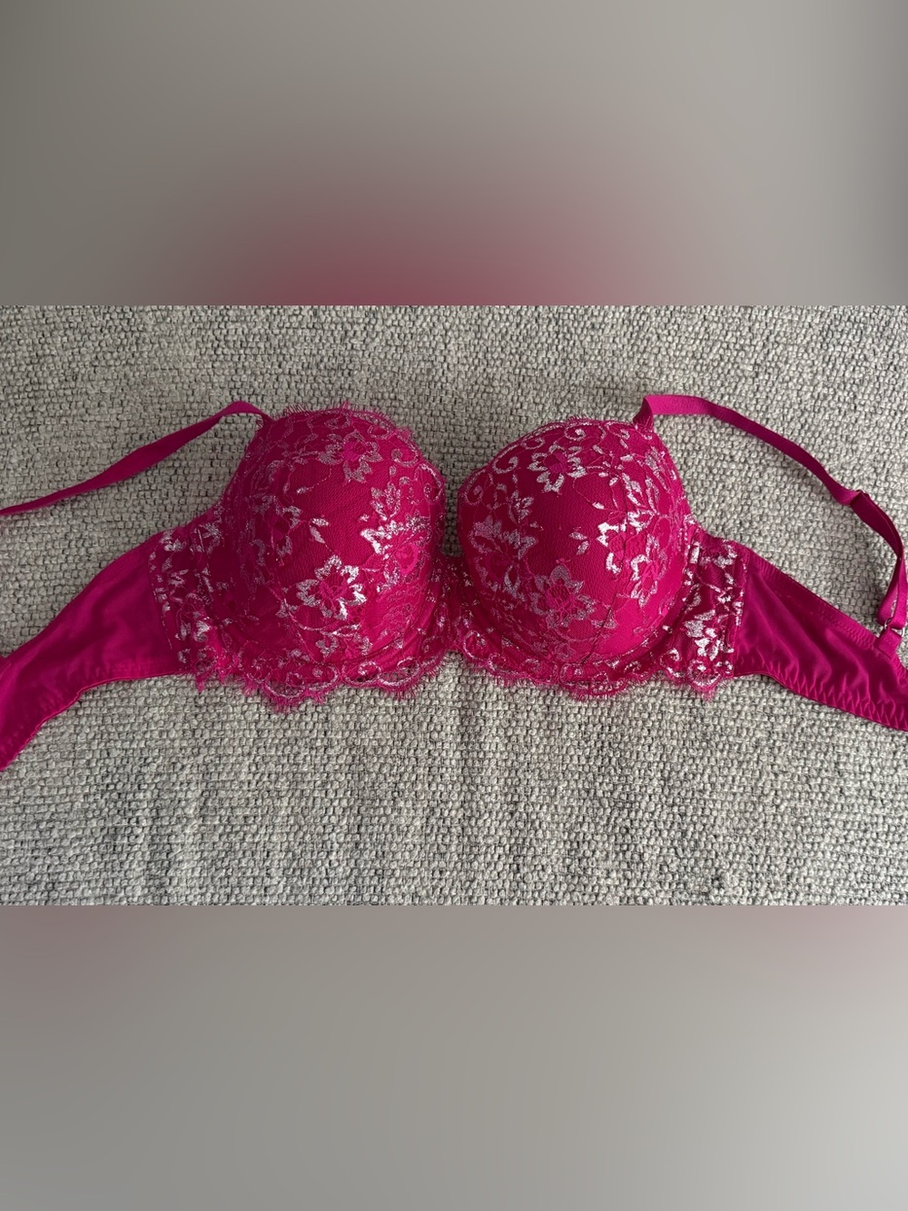 Victoria's Secret Push Up Fuchsia Lace Underwire Bra with Silver Embroidery